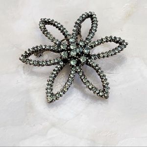 Antique Brass Tone Peridot Green Color Rhinestone Floral Statement Brooch 2 1/4”